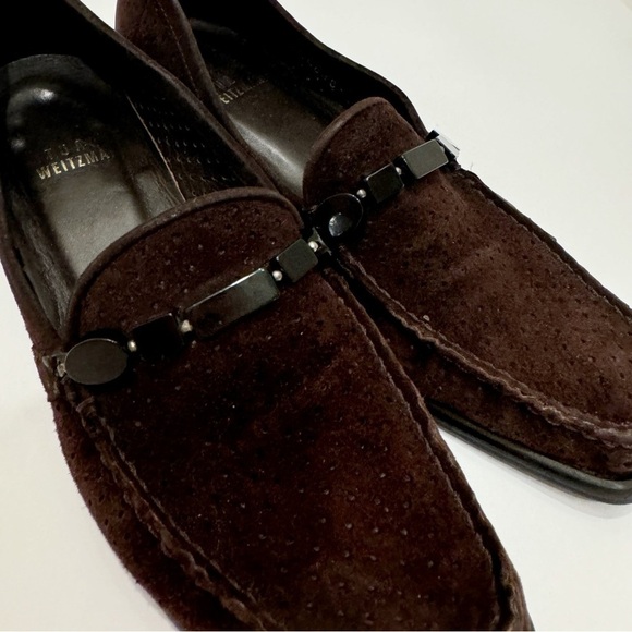 Stuart Weitzman Brown Suede Block Heel Square Toe Loafers Size 4.5 - Picture 6 of 12